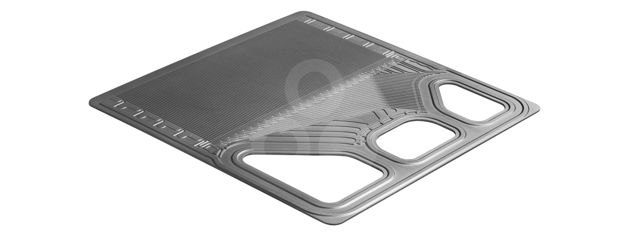 Bipolar plate with flow-field pattern and two large end ports.